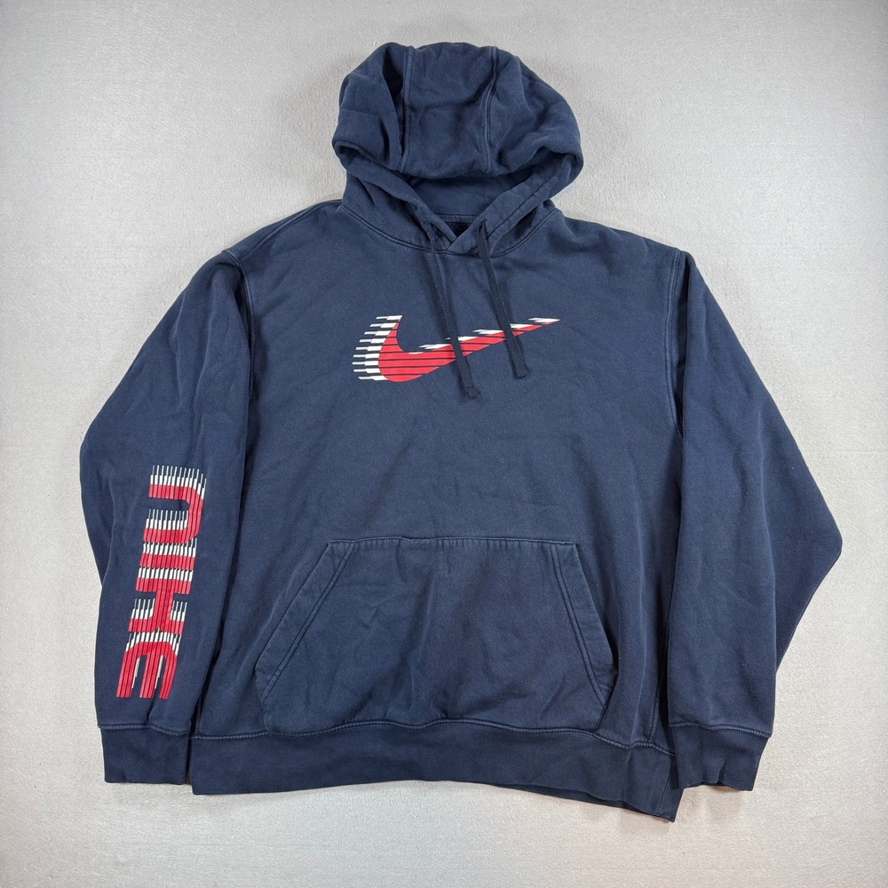 Nike Hoodie Men XL Navy Big Swoosh Fleece Lined Pullover Sweatshirt Long Sleeve